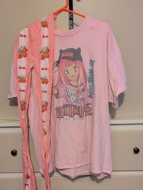 Pink Anime Graphic Tee with 'Meow' Cap Character